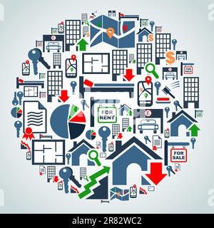 Real estate icon set in globe shape background illustration. Vector file layered for easy manipulation and custom coloring. Stock Vector