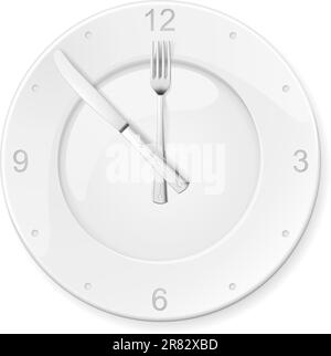 Clock of the plates and forks, spoons. Illustration for design on white background Stock Vector