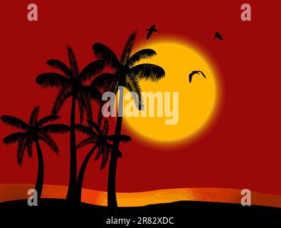 Sunset on tropical paradise with palm's silhouette and birds, vector illustration Stock Vector