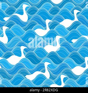 Editable vector seamless tile illustration of white birds on blue water waves with birds easily removable to leave water pattern Stock Vector