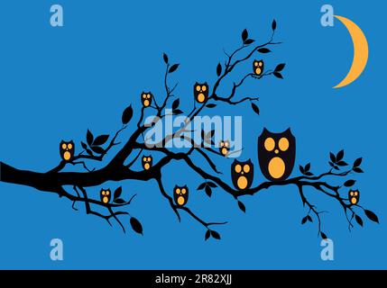 Night owls sitting on tree branch, vector background Stock Vector