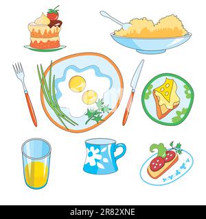 Icon set - foods, including eggs, sausage sandwich and cheese, orange juice,a piece of cake,  a cup of tea, a plate of porridge, a fork and knife. Stock Vector