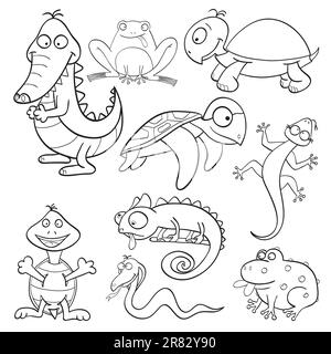 Outlined cute cartoon reptiles and amphibians for coloring book Stock Vector
