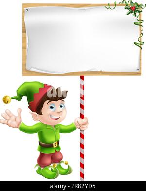 A Christmas elf or pixie or Santa's helper holding a large Christmas sign in traditional elf clothes Stock Vector