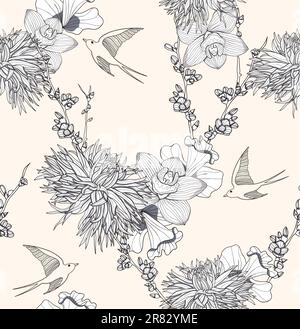 Seamless floral pattern Seamless pattern with flowers and birds. Elegant and romantic background with swallows. Stock Vector