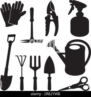 A set of gardening tool silhouette icons isolated on white background. Stock Vector