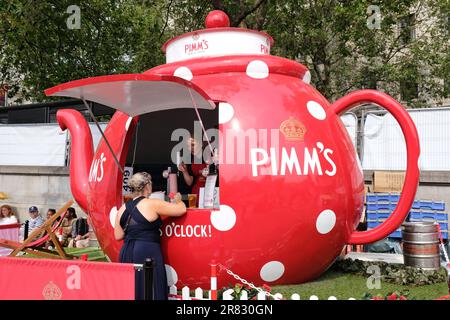 London, UK. A pop-up Pimms bar serving the popular summertime alcoholic drink during an event in Trafalgar Square Stock Photo