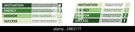 Simple four steps or levels infographics, 4 green bar with text, rectangular and slanted version Stock Vector