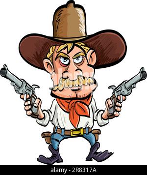 Cartoon cowboy with his guns drawn. Isolated on white Stock Vector