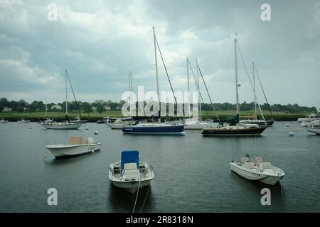 Boats in Southport Harbor on a stormy afternoon, Connecticut Stock Photo
