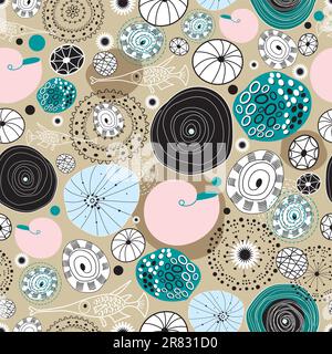 Marine seamless abstract pattern on a brown background with shells and fish Stock Vector