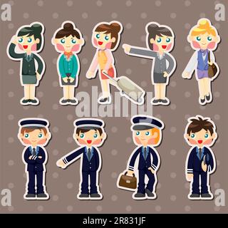 cartoon flight attendant/pilot stickers Stock Vector