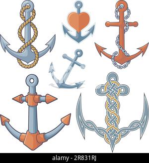 Set of six anchor icons isolated on white background. Stock Vector
