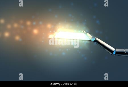 Robot ai artificial intelligence arm finger hand hold flare glowing light tablet smartphone technology industry communication screen system software p Stock Photo