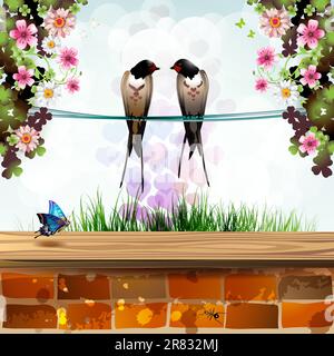 Garden with brick wall and two swallows Stock Vector