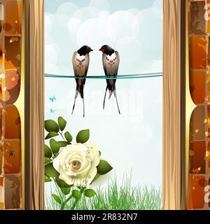 Roses with brick wall and two swallows Stock Vector