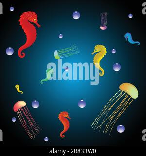 jellyfishes and seahorses over bubbling water, abstract vector art illustration; image contains transparency Stock Vector