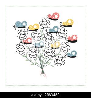 Educational math game for kids. Fill in the empty circles, write the answers to the examples. Stock Vector