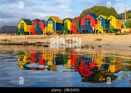 Colorful beach hut reflections at St. James Beach near Cape Town, South Africa Stock Photo