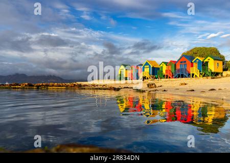 Colorful beach hut reflections at St. James Beach near Cape Town, South Africa Stock Photo