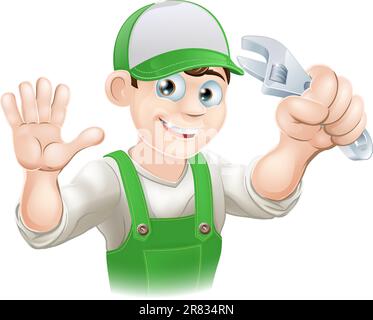 Graphic of smiling plumber or mechanic in overalls holding spanner and waving Stock Vector