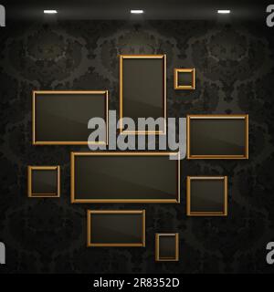 Golden frames on the wall. Vintage background. Stock Vector