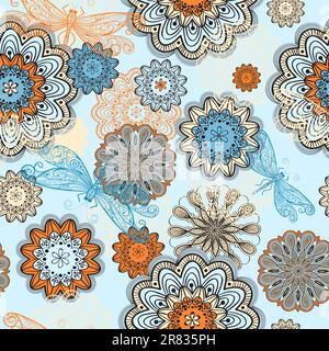 vector seamless abstract  pattern with doodle flowers and flying dragonflies, clipping mask, elements can be used separately Stock Vector