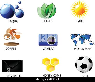 Vector set of summer icons. Isolation over white background. Aqua, leaves, sun, coffee, camera, map world, envelope, honey comb and soccer ball. Stock Vector