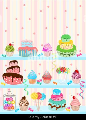 Illustration of sweets and cakes with pastel colors background Stock Vector