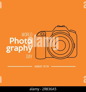 World photography day banner with a dslr camera on an orange background with copy space Stock Vector
