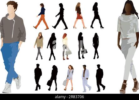Group of elegant dressed in fashion clothes young people. Long legs and perfect body proportions. Vector color illustration on white. Stock Vector