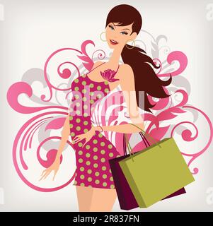 illustration drawing of shopping girl Stock Vector