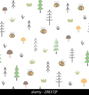 Cute seamless pattern with trees, bees, mushrooms and plants. Forest background. Vector illustration. Stock Vector