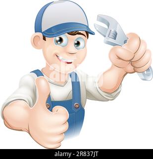 Graphic of a smiling plumber, mechanic or handyman in overalls holding a wrench and giving thumbs up Stock Vector