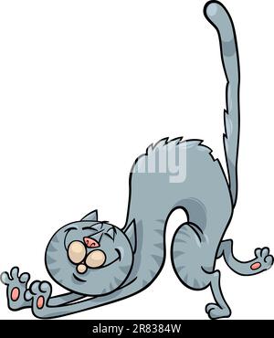 Cartoon Illustration of Stretching Happy Gray Cat Stock Vector