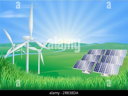 Illustration of wind turbines and solar panels generating renewable energy Stock Vector