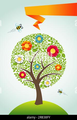 Abstract spring time tree composition with flowers. Vector file layered for easy manipulation and custom coloring. Stock Vector