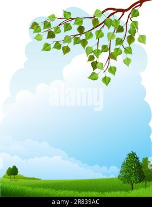 Vector illustration - summer landscape  - meadow and trees Stock Vector