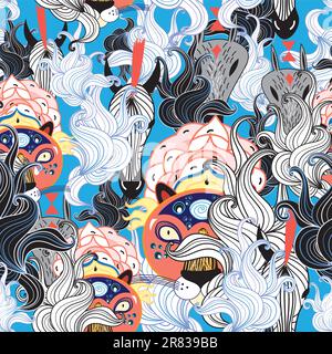 natural and seamless abstract pattern with animals on blue Stock Vector