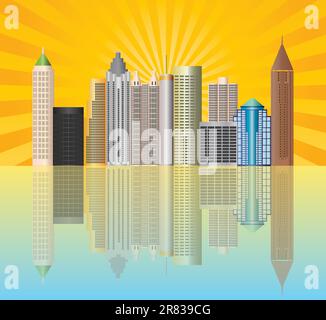 Atlanta Georgia City Skyline  with Sun Rays and Reflection Illustration Stock Vector