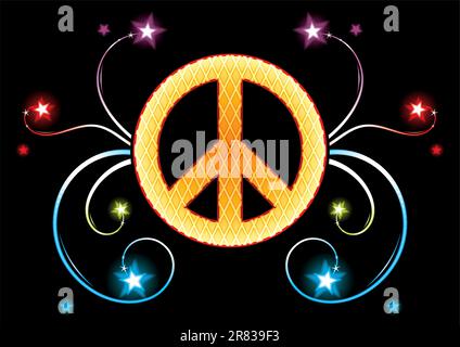 Symbol of peace on black background with flares and glowing stars Stock Vector