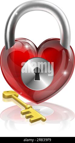 Key to your heart conceptual illustration. A heart shaped padlock with a brass key. Stock Vector