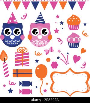 Retro owl birthday party elements set. Vector cartoon Stock Vector