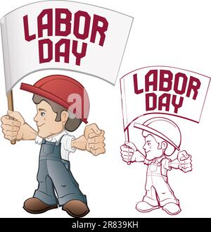 Banner  for Labor day sale with cartoon style  worker in bib overall and hard hat with hummer in rased hand, vintage style in dull color. vertical ... Stock Vector
