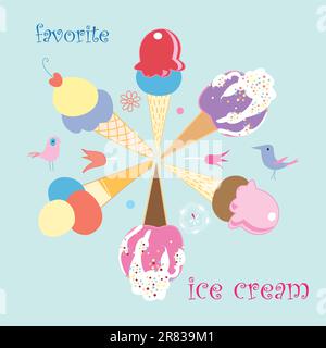 brilliant composition with ice cream and birds on a blue background Stock Vector