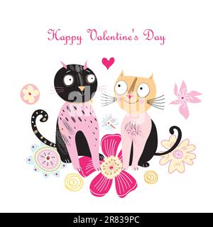 graphic funny cat lovers on a white background with flowers Stock Vector