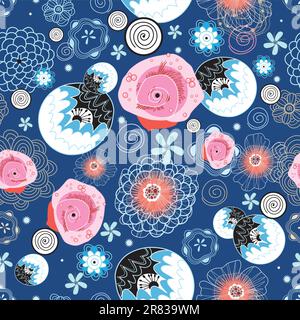 Seamless bright floral pattern on a dark blue background Stock Vector