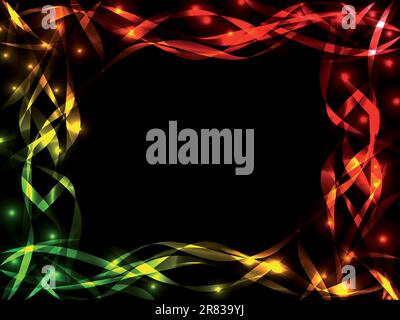 Great chaotic plasma frame with multiple colorful and shiny ribbons crossing each other over black with burst of lights, copy space in the center. Stock Vector