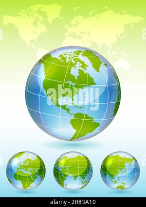 Different views of glass globe, map included, vector illustration, eps 10, 3 layers Stock Vector