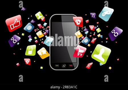 Iphone application icons splash out of phone on black background. Vector file layered for easy manipulation and customisation. Stock Vector